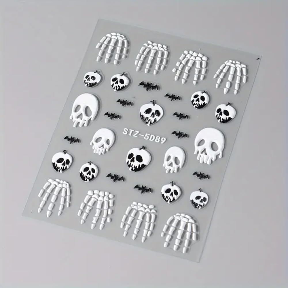 2 Pcs Halloween Nail Art Stickers 5D Embossed Scary Skull Self-Adhesive Nail Decals Halloween Stickers Bat Bones of The Dead Designs Nail Decorations Holiday DIY Acrylic Nail Accessories for Women