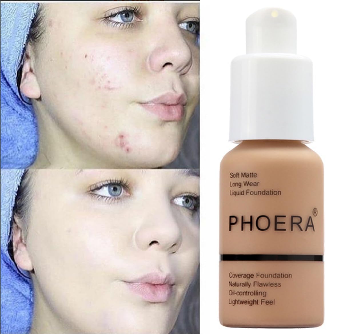 2 Pack PHOERA Foundation 102# Nude and 104# Buff Beige,Flawless Soft Matte Liquid Foundation 24 HR Oil Control Concealer Foundation Makeup.