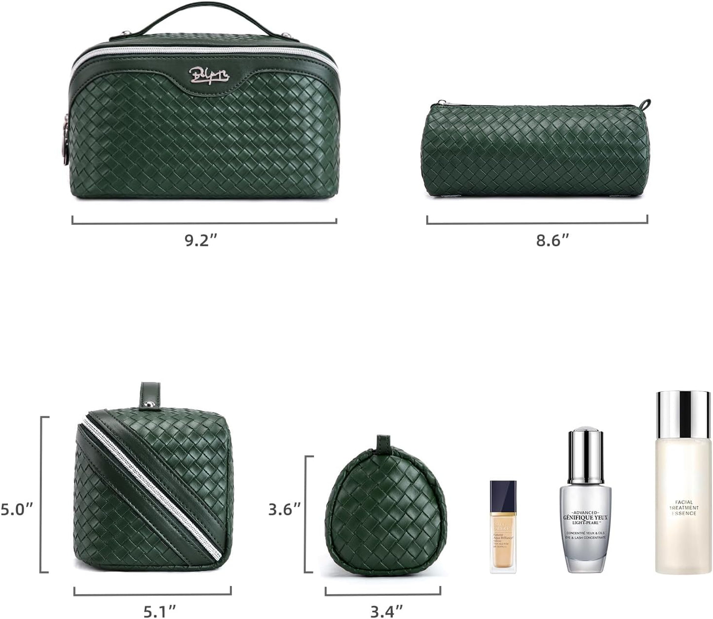 BOYATU Travel Makeup Bag Cosmetic Bags for Women: Large Capacity 3 Pcs Set Make up Bag with Compartments - Waterproof Vegan Leather Toiletry Organizer Bags with Handle - Travel Essentials(L06 Olive)