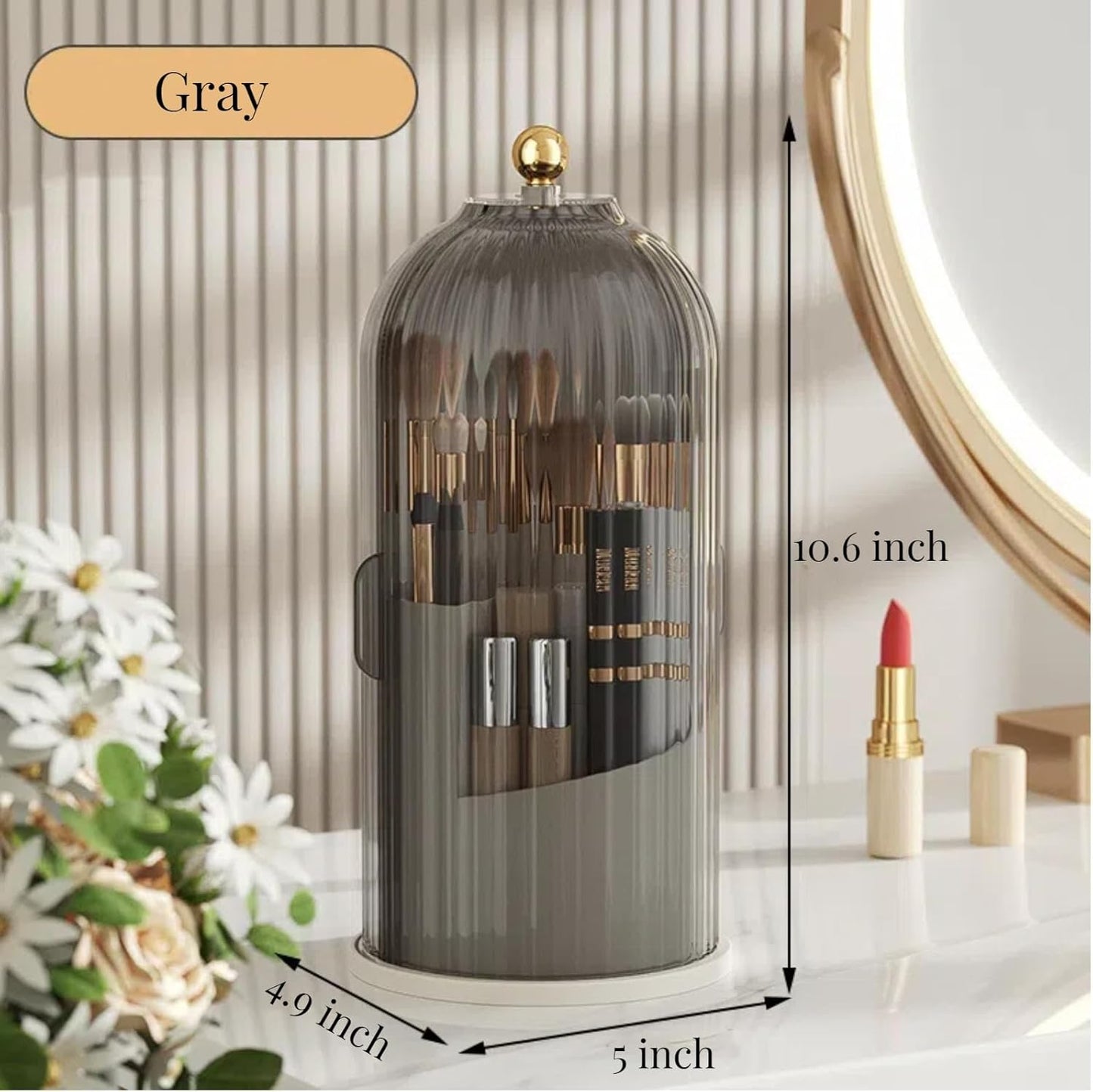 B-H1 Makeup Brush Holder with Dustproof Cover 360 Rotating Makeup Brushes Organizer for Vanity Desktop Bathroom (Gray)