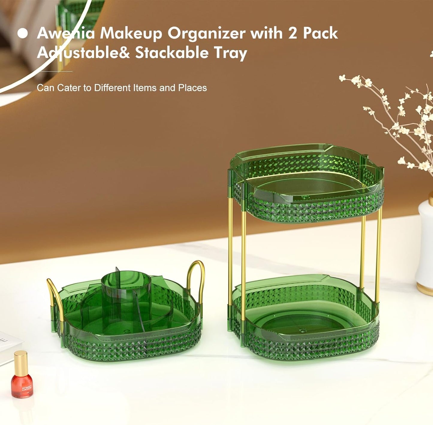 Awenia Rotating Makeup Organizer 360, Stackable Adjustable Large Capacity Cosmetic Storage Unit,Dresser Bathroom Kitchen Countertop Organizer with Metal Handle, Plus Size (Gem Green, 3 Tier)