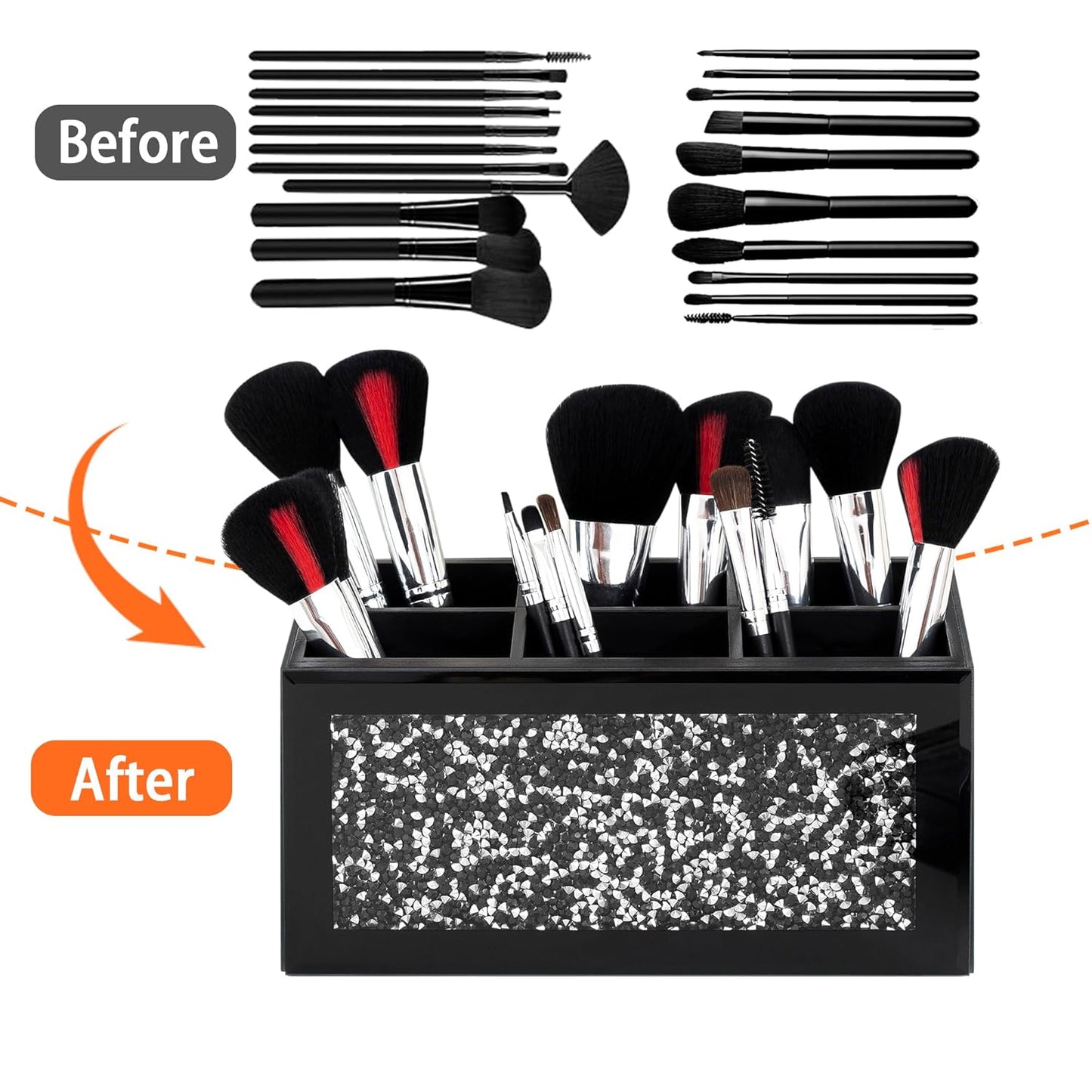 SHYFOY Black Makeup Brush Holder Organizer, 6 Slots Glass Makeup Cosmetics Organizers and Storage for Vanity Countertop