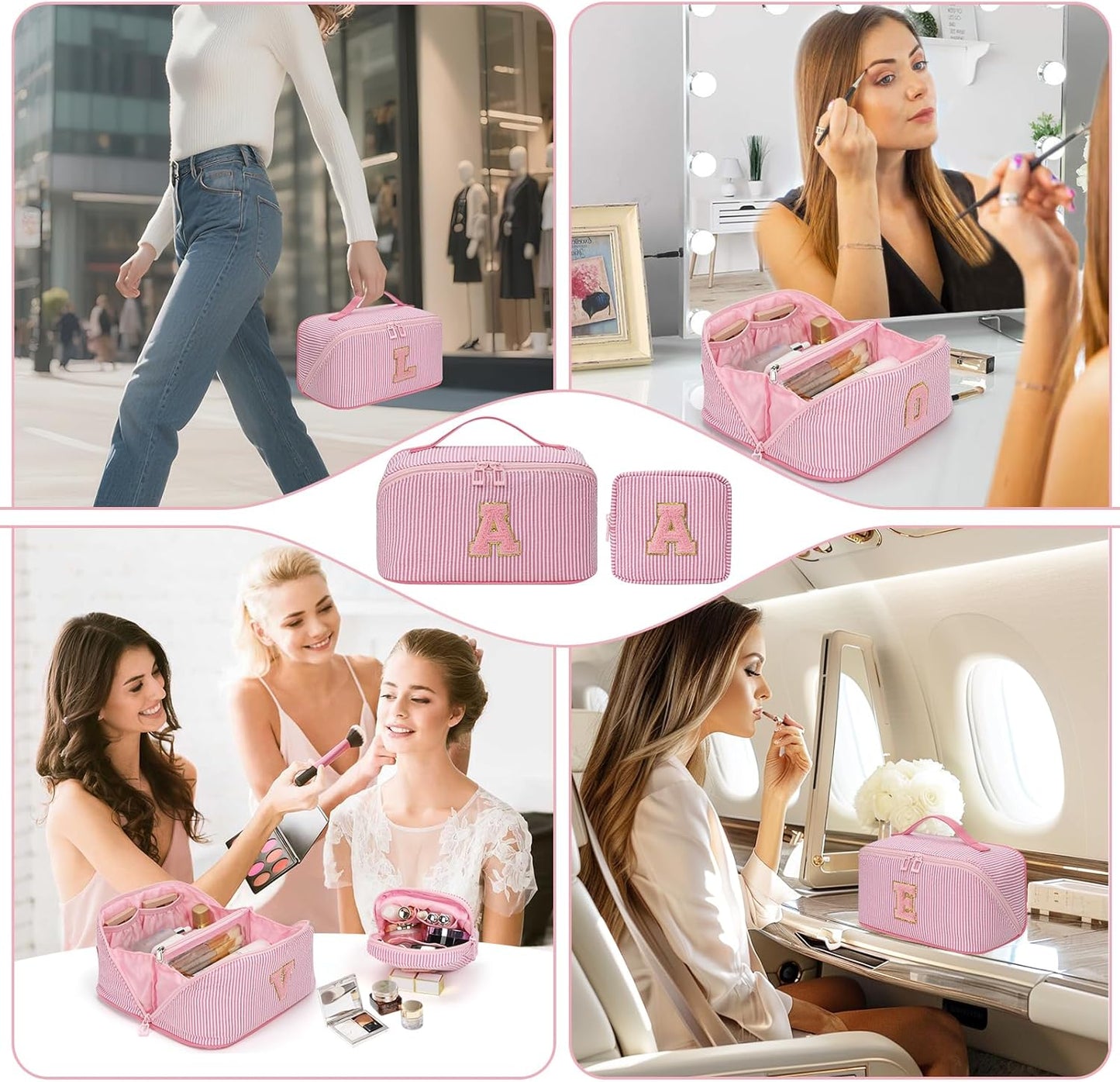 Travel Makeup Bag for Women, 2Pcs Portable Personalized Initial Makeup Organizer Bag, Open Flat Large Cosmetic Bag With Travel Essential Pouch (Pink Letter F)