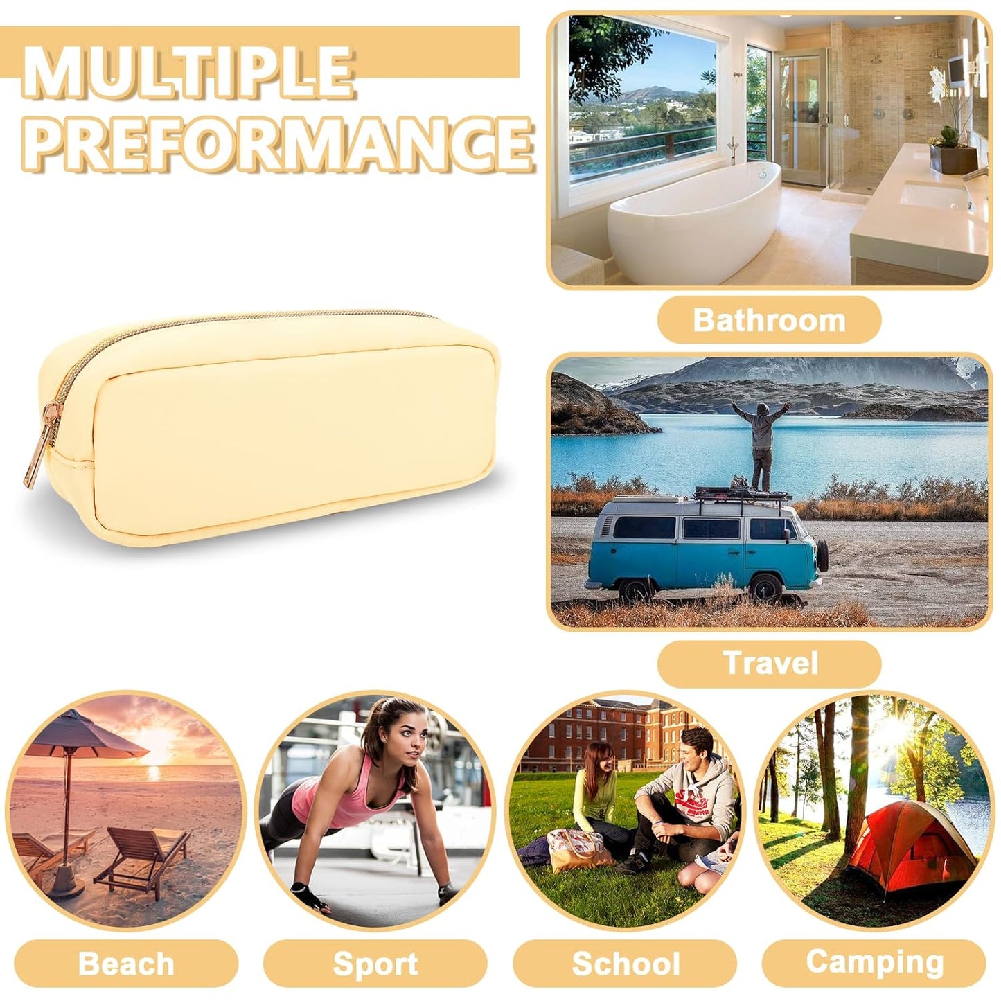 Small Pencil Case Makeup Bag for Purse, Cute Preppy Nylon Makeup Brush Bag with Zipper, Girls Portable Stationery Storage Case for Office School College (Slim-Sand)