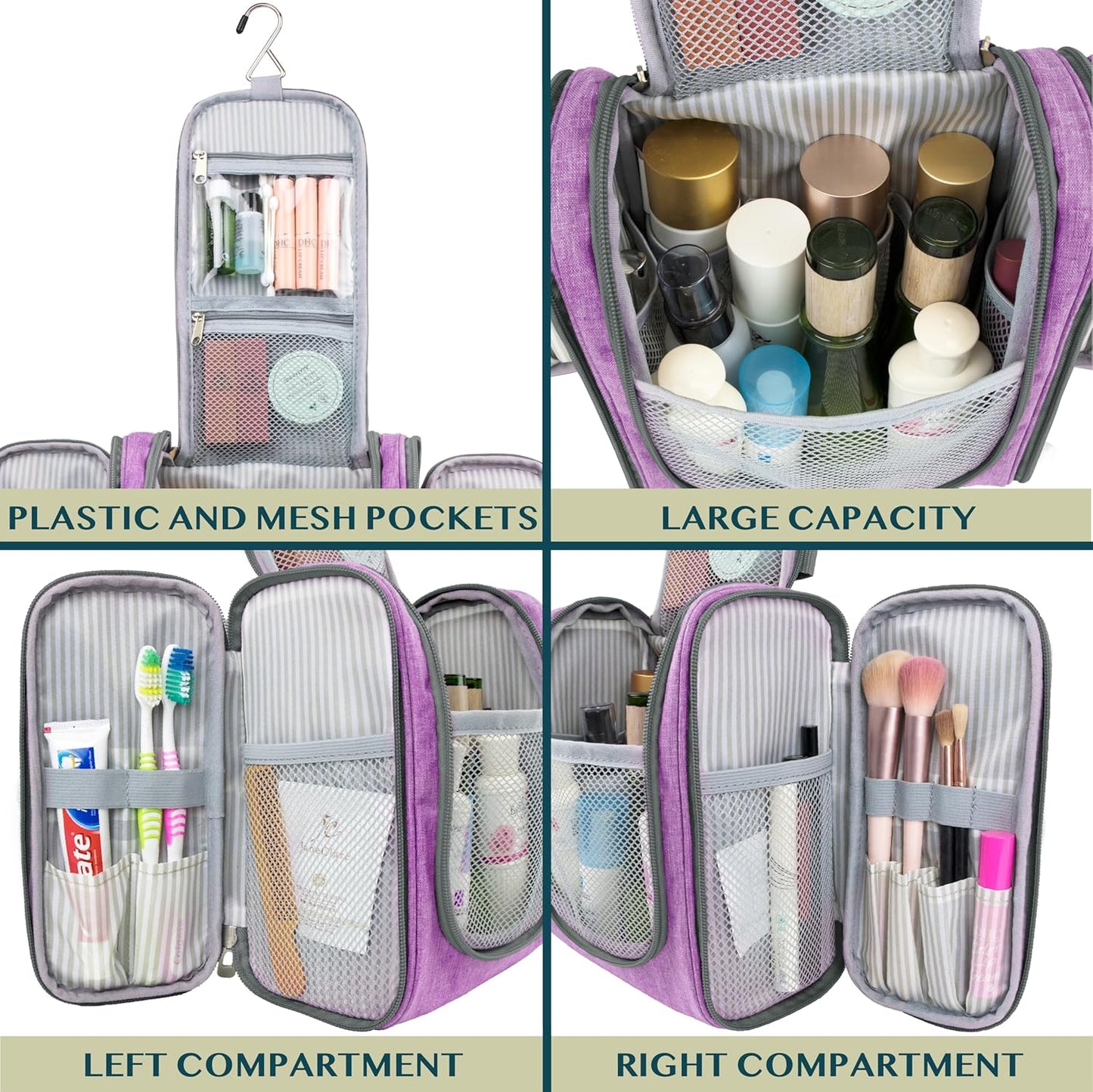 PAVILIA Toiletry Bag Travel Bag for Women Men, Hanging Cosmetic Organizer, Water Resistant Makeup Bag for Accessories Toiletries, Large Travel Essentials Kit (Purple)
