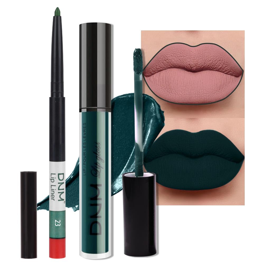 evpct 2Pcs Matte Dark Green Lipstick and Lip Liner Gloss Makeup Set matt Matte Liquid Lipstick Long Lasting Set 24H and with Lip Liner 23#