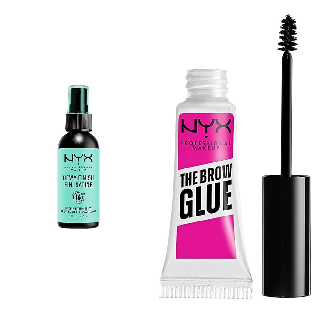 NYX PROFESSIONAL MAKEUP Makeup Setting Spray - Dewy Finish, Long-Lasting Vegan Formula (Packaging May Vary) & The Brow Glue, Extreme Hold Eyebrow Gel - Clear