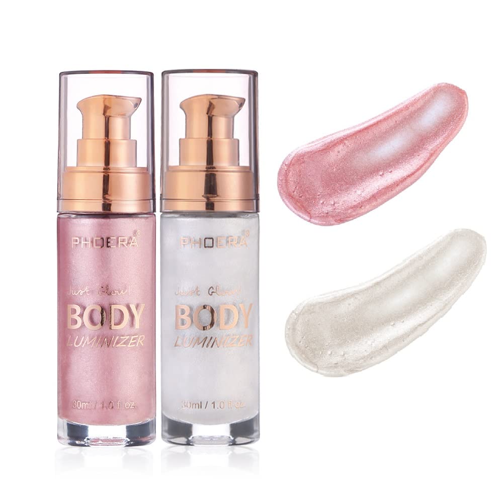 2 Pack PHOERA Shimmer Body Lotion, High Gloss Waterproof Glitter Face Body Luminizer Oil Highlighter Makeup .104# Sparkle Pink&105# White moonbeam
