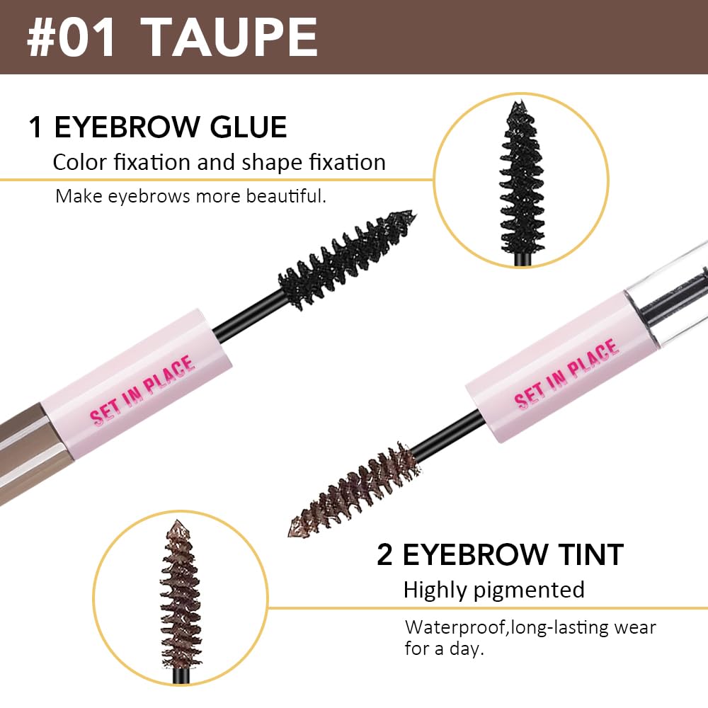 evpct 2-in-1 Tinted Brow Gel & Clear Brow Setting Glue Eyebrow Gel Kit - Strong Hold 24HR Waterproof Smudgeproof Eyebrow Makeup for Natural Soft Full Brows, Brows Enhancer Mascara Makeup - Taupe