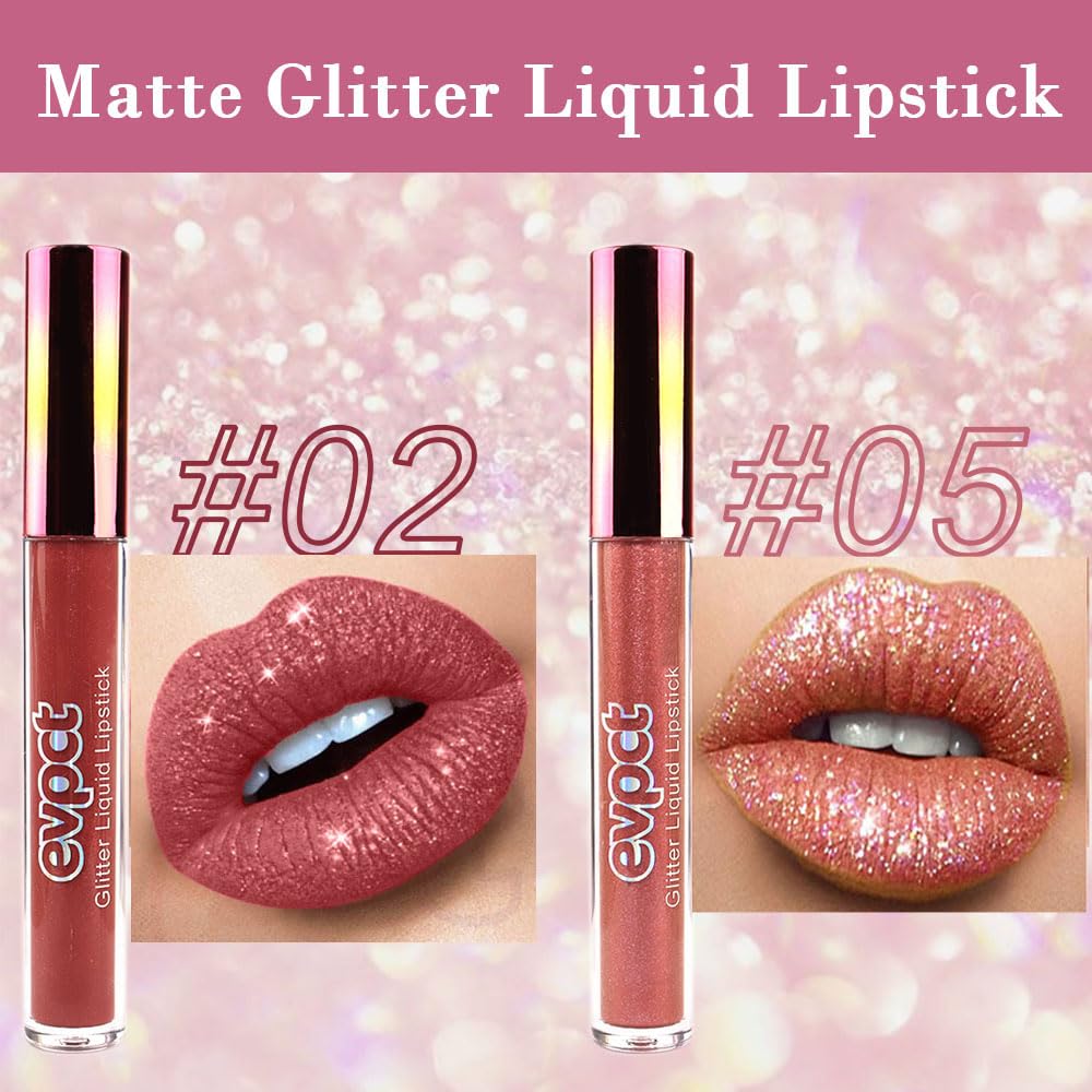 evpct 2Pcs Mauve Red & Bronze Gold Matte to Glitter Liquid Lipstick Long Lasting Lip Set Kit for Women Diamond Shiny Glitter Sparkly Glossy Metallic Shimmer Sparkle Waterproof Lipstick Lip Gloss 02+05