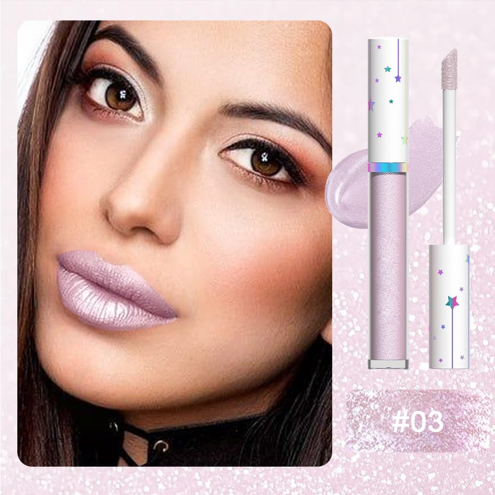 evpct 1Pcs Light Purple Glitter Metallic Lip Gloss Stain Lipstick for Women Long Lasting Waterproof 24, Light Voilet Purple Frosted Metallic Shimmer Chrome iridescent Liquid Lipstick Lip Gloss Makeup