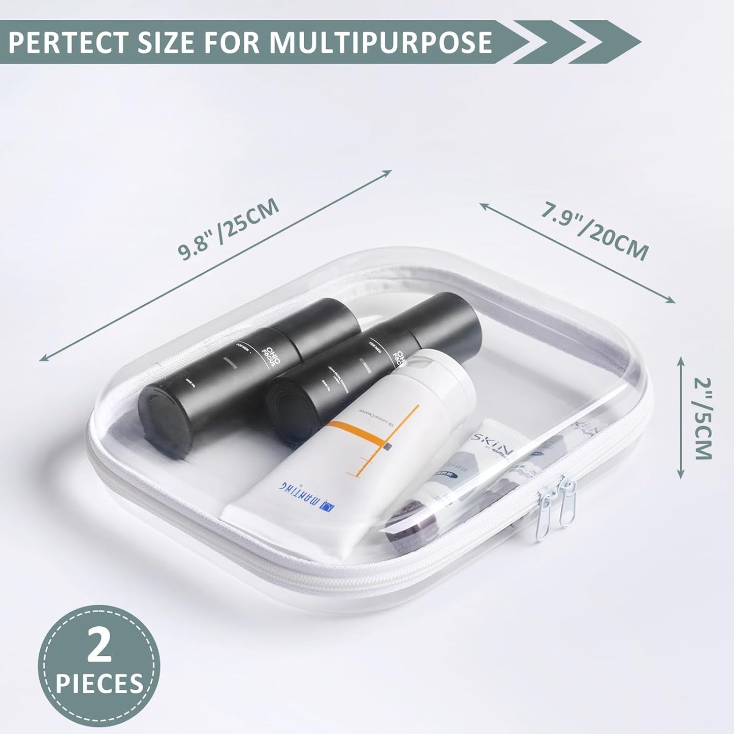 Hard Sided Clear Zipper Case for Storage- Professional-Grade Plastic Clear Zipper Pencil Case,Toy Storage Bins, Toiletry Pouch, Travel Organizer, Cosmetic Bag（White,2 Pack, M）