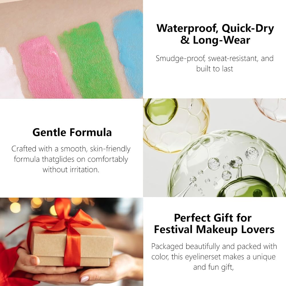 6 Pcs Colorful Matte Liquid Eyeshadow Eyeliner Set, White, Pink, Green, Blue, Purple, Dark Blue, Halloween Stage Clown Children's Makeup, Quick-Drying, Long-Lasting, Waterproof (6Pcs-Matte Colorful 2)