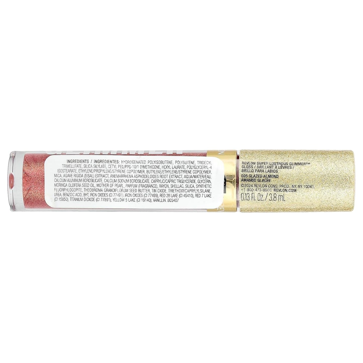 REVLON Super Lustrous Glimmer Gloss, Non-Sticky Lip Gloss, High-Shine Finish, Plant-Based Glitter, 005 Glazed Almond, 0.13 fl oz