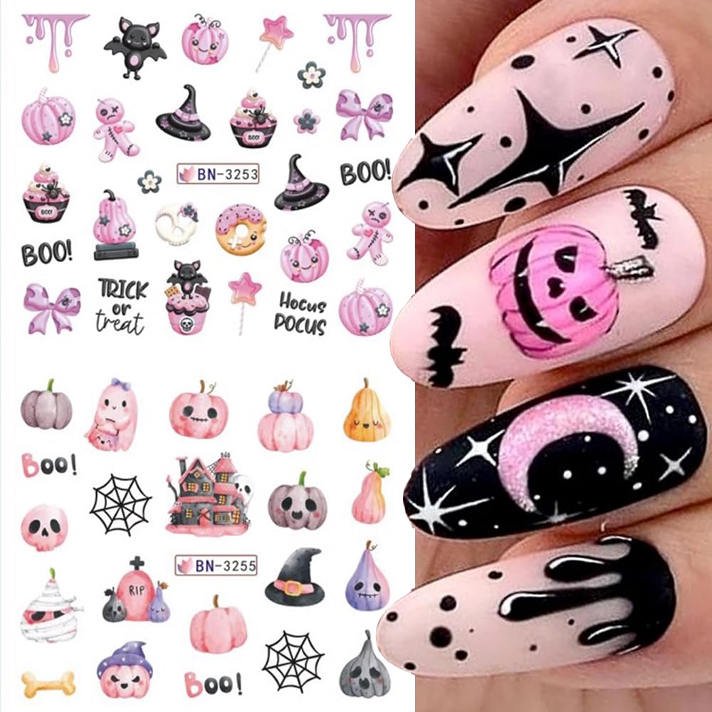 12 Sheets Halloween Nail Art Stickers Pink Pumpkin Water Transfer Nail Decals Cute Ghost Spider Skeleton Acrylic Nail Stickers for Women DIY Manicure Tips Halloween Nail Art Decorations Supplies