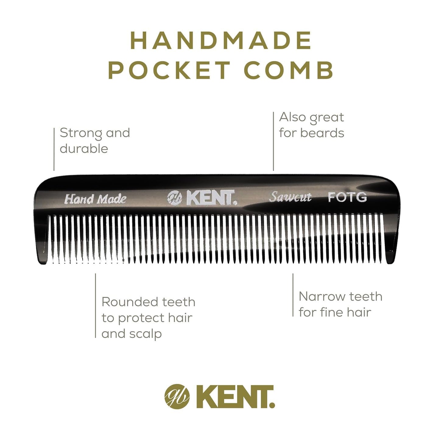 Kent FOT Black Graphite Fine Tooth Beard Comb - 4.5" Handmade Pocket Travel Comb for Men - Styling Combs for Fine or Thinning Hair, Mustache and Beard Care and Hair Care Kent