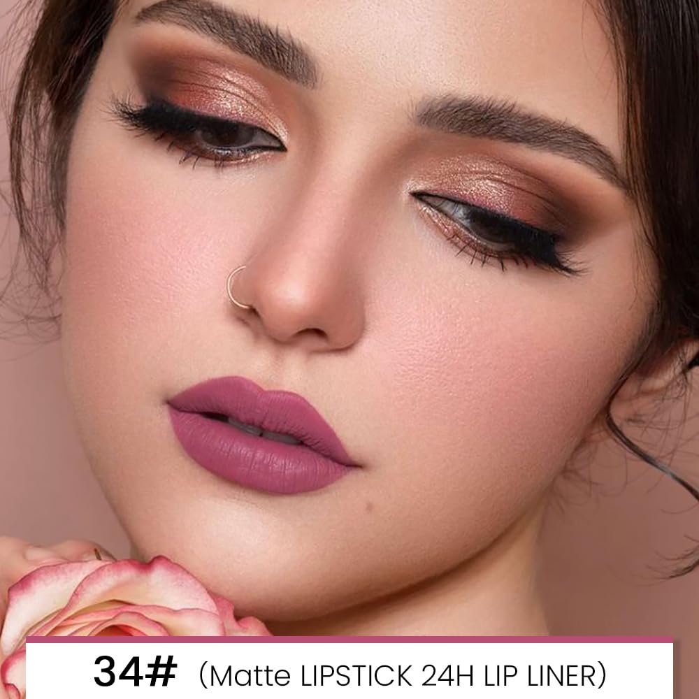evpct 1Pcs Rose Red Matte Lip Liner and Lipstick for Women, Rose Magic Lipstick Lip Stain 24 Hours Original Lip Liner Makeup Stain Long Lasting Waterproof Smudge Proof labial Lip Pencil 34#