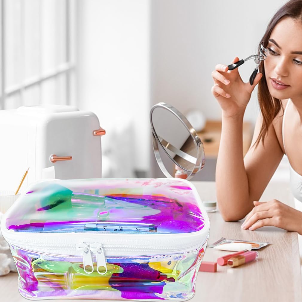 TPU Holographic Clear Makeup Bags Bulk,Clear Storage Bag Toiletry Pocket Portable Zippered Iridescent Pouch Waterproof Cosmetic travel Bags with white zipppe for Women