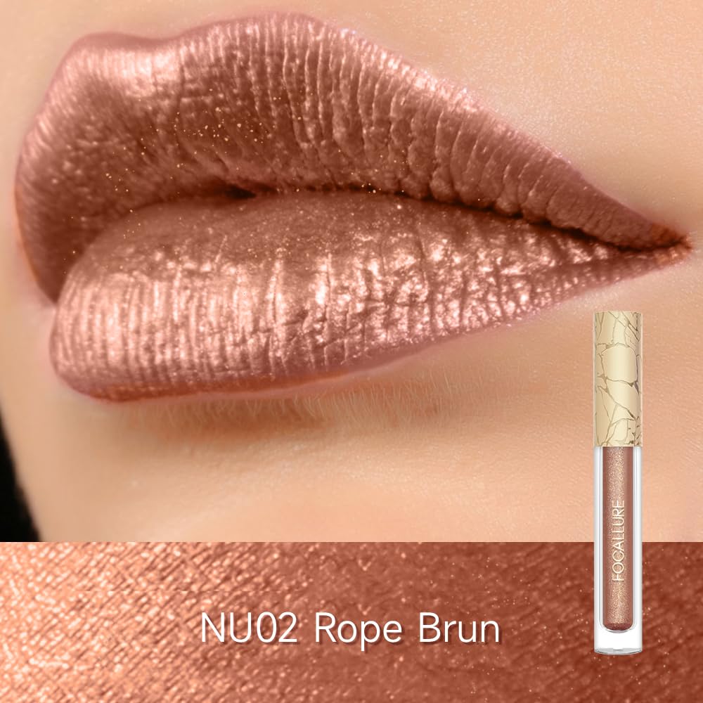 FOCALLURE Metallic Liquid Lipstick,Non Stick Cup Lip Gloss,High Impact Lip Color with Transfer-proof Wear,Long Lasting & Waterproof Lipstick Makeup for Women,Rope Brun