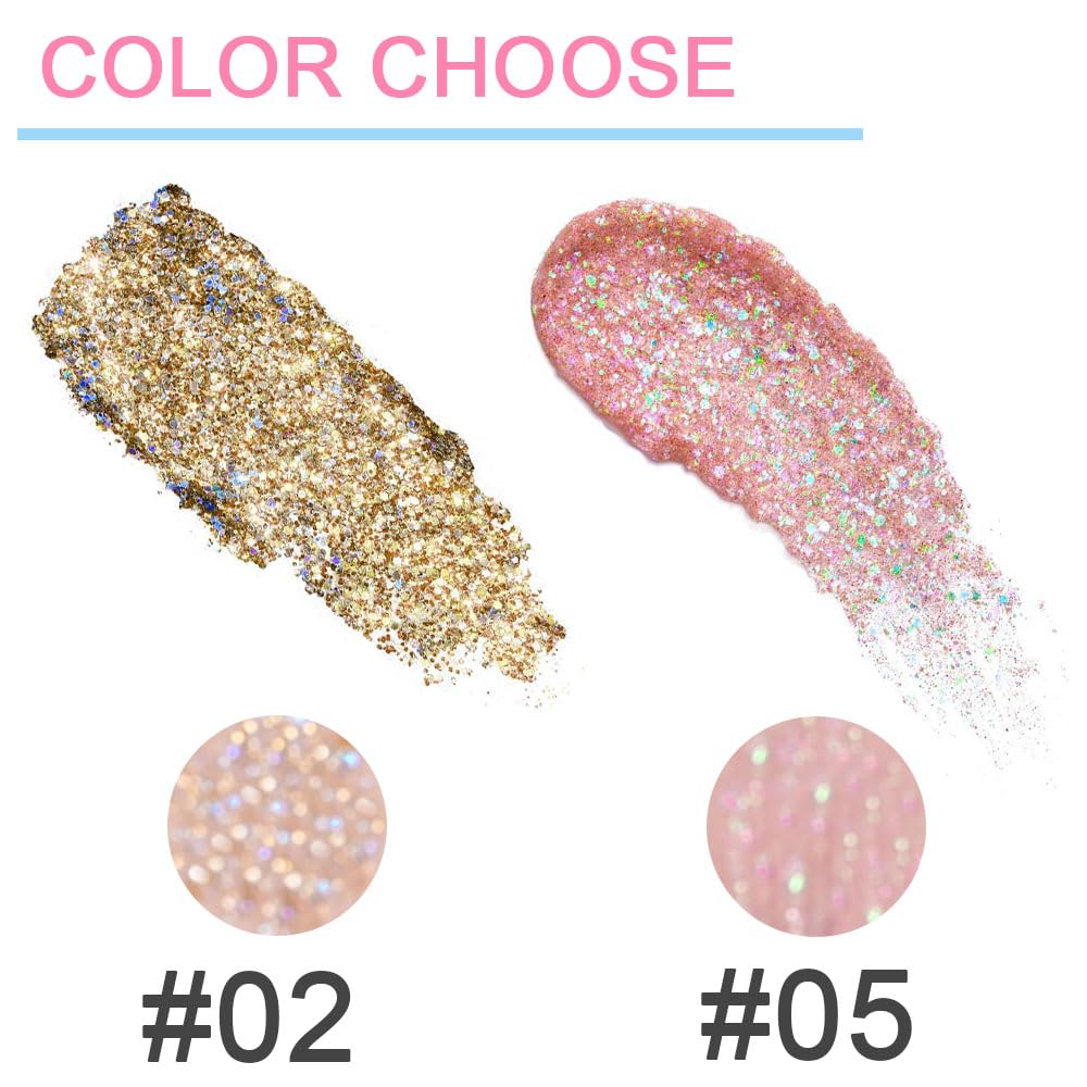 Liquid Sparkling Glitter Eye Shadow Sticks Set: Crystal Silver Golden Eyeshadow, Eyeliner, Eyelid, Liquid Highlight Shimmer Makeup for Eyes,Waterproof Quick-Drying,2 Pcs (02+05)