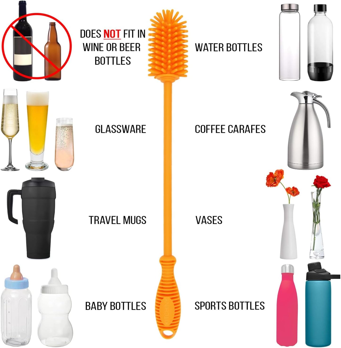 12.5" Silicone Bottle Brush & Straw Cleaner Brush Set | Water Bottle Cleaner for Hydro Flasks, Tumblers, Glassware, Vases and Narrow Neck Containers