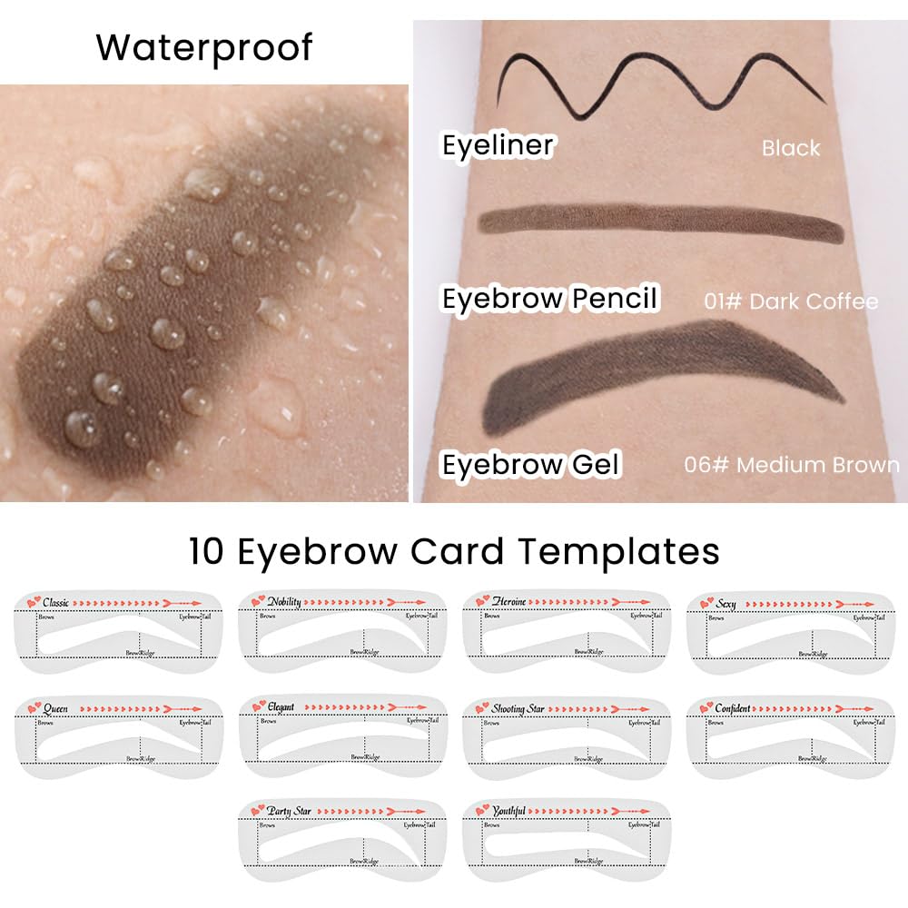 evpct Eyebrow Stencils Kit for Women Shaping, Eyebrow Shaper Makeup Kit, Eye Brow Stencil Shaper Tinting kits for Women, with Eyeliner, Eyebrows Pencil, Pomade, Brush and 10 Stencils, 06# MEDIUM BROWN