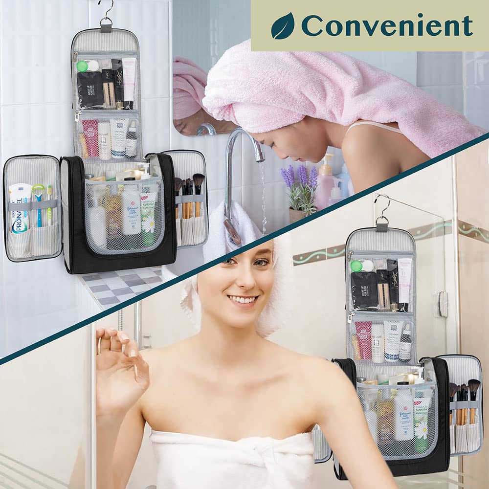 PAVILIA Extra Large Toiletry Bag Travel Bag for Women Men, Hanging Cosmetic Organizer, Water Resistant Makeup Bag for Accessories Toiletries, Travel Essentials Kit (Black)