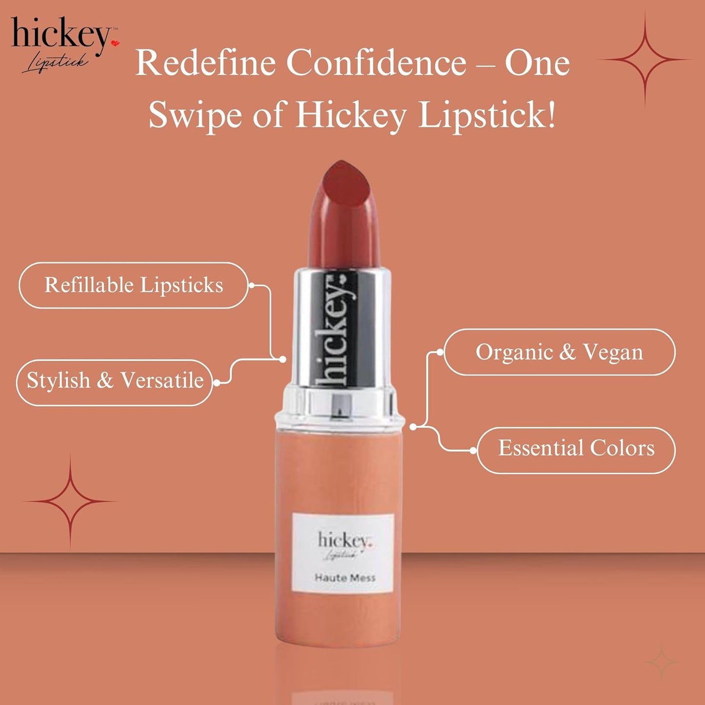 Hickey Lipstick Organic Haute Mess Terracotta Lipstick Shade Refill - Long Lasting Lipstick for Women, Hydrating & Moisturizing Shade, Lip Color for Women, Gluten-Free & Vegan with Highly Pigmented