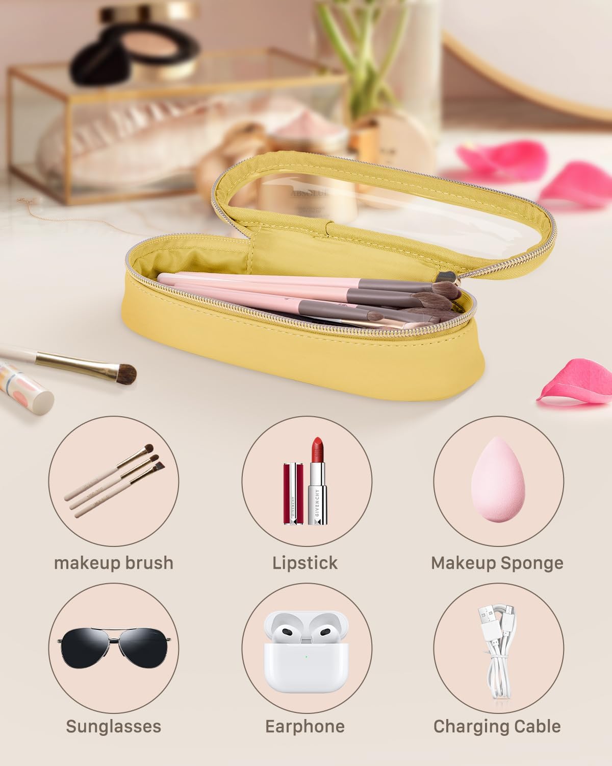 Clear Travel Makeup Brush Holder, Leather Makeup Brush Toiletry Bag, Portable Cosmetic Brush Case, Transparent Waterproof Makeup Brush Storage Bag, Yellow
