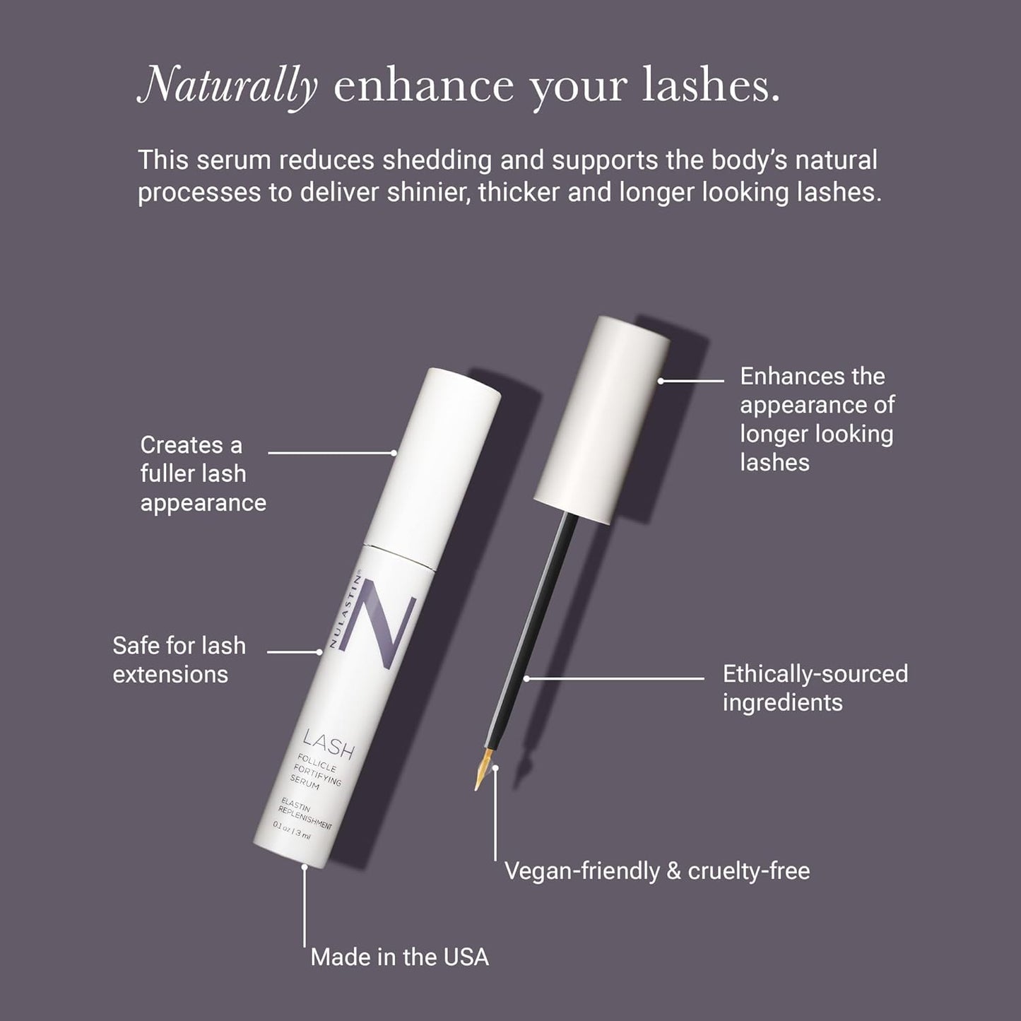 NULASTIN Eyelash Serum for Thicker Looking Lashes - Follicle Fortifying LASH Serum - Clinically Tested Eyelash Enhancing with Keratin - From the Experts in Brows and Lashes (0.1 Fl Oz)