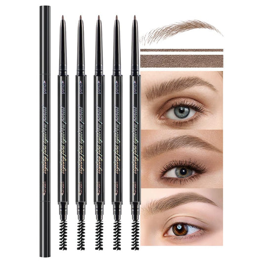 Thin Eyebrow Pencils for Women - 5 Pack Waterproof Micro Dual-Ended Ultra-Fine Tip Brow Pen & Spoolie Brush, Formula for Natural Hair Strokes, Filling, Shaping - Dark Brown