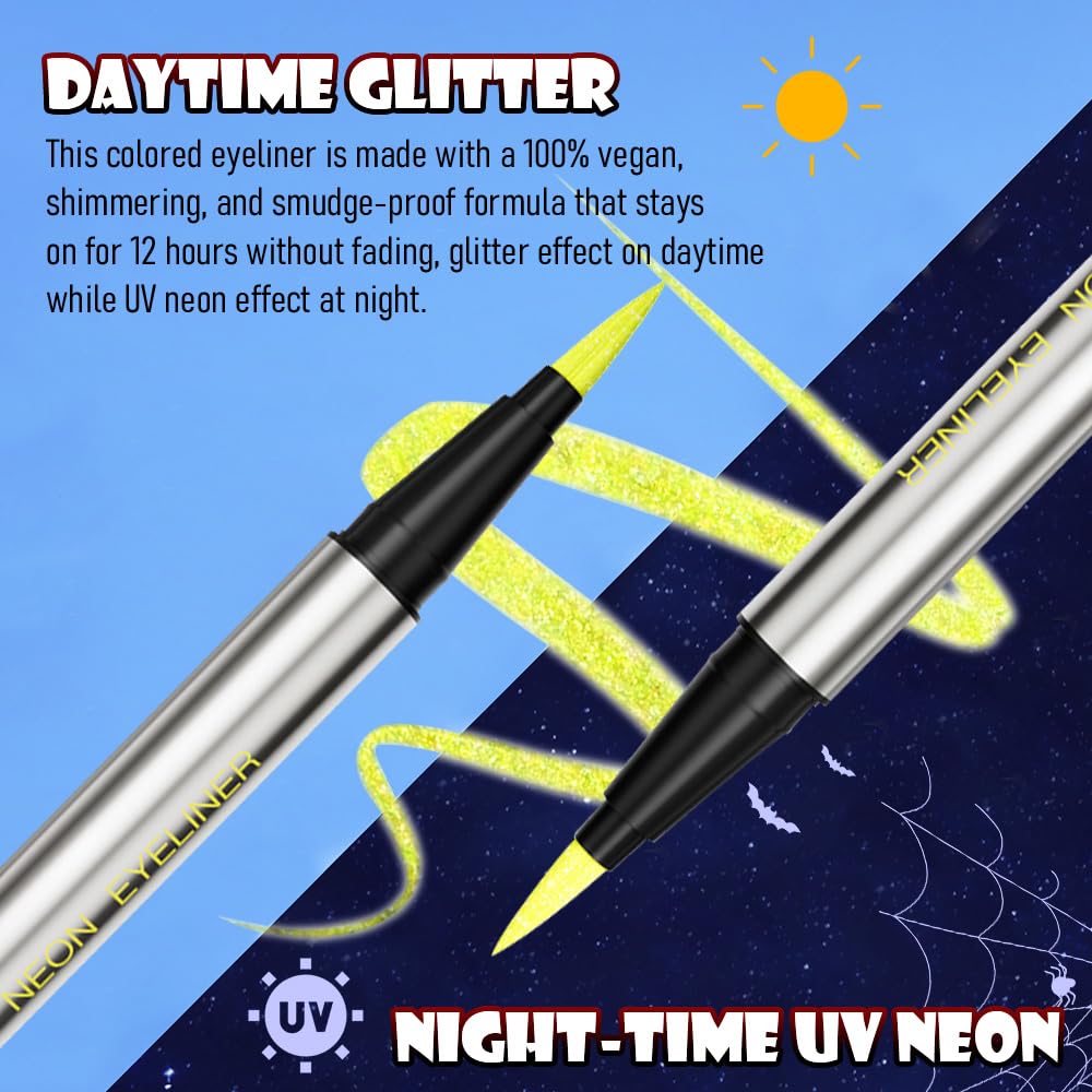 evpct Yellow Shimmer Eyeliner UV Neon Gel Eyeliner Pencil Makeup, Rainbow Halloween Colored Colorful Gel Eye Liner Pen Glow in Dark Makeup, Long Lasting Waterproof Eyeliners for Face Body Painting