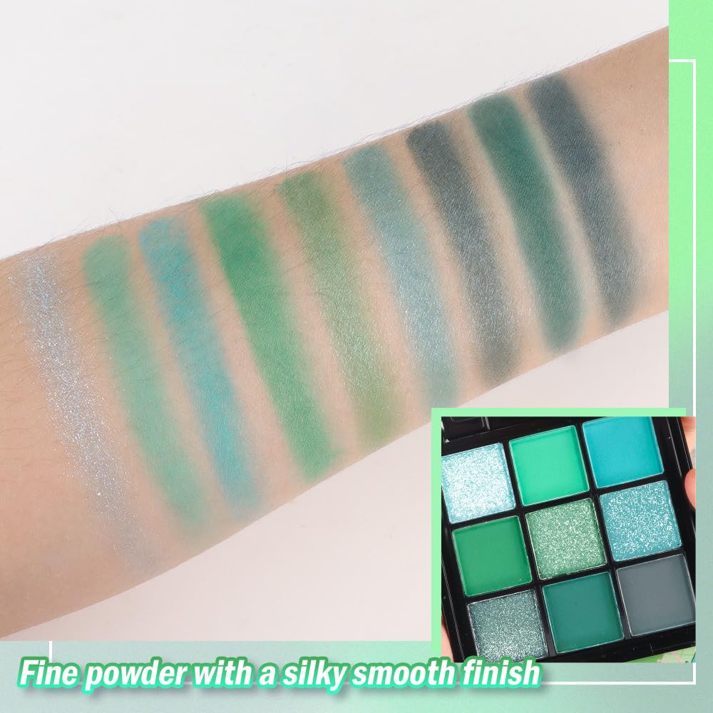 9 Colors Green Smoky Matte Shimmer Eyeshadow Palette with Mirror for Eye Makeup,High Pigmented Eye Shadow Primers Powder Palet de sombras de ojos