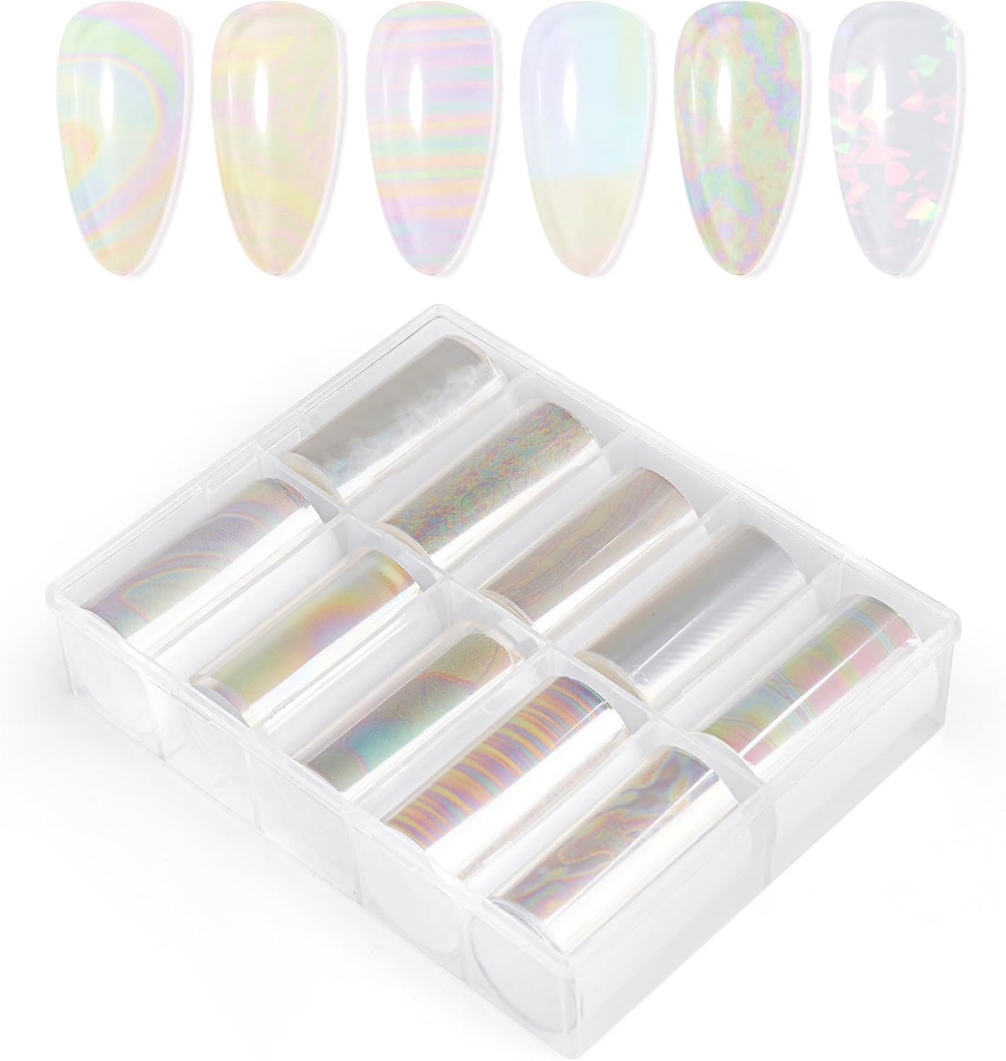 10 Sheets Holographic Nail Art Foil Transfer Stickers - Metallic Color Print Nail Decals 3D Self-Adhesive Stickers DIY Manicure Decoration Kit
