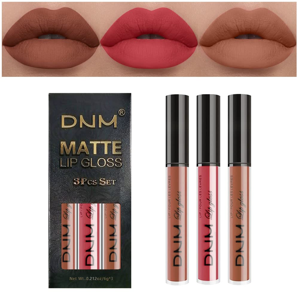 evpct 3Pcs Nude Brown Rose Pink Dark Matte Liquid Lipstick Makeup Sets for Dark Skin Black Women, Permanent Lip Stain Set Long Lasting Lipstick 24 Hours Waterproof labiales mate 24 horas originales 09