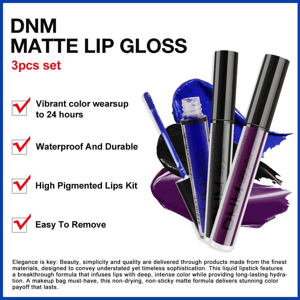 evpct 3Pcs Dark Purple Black Royal Blue Matte Liquid Lipstick Lip Stain Sets for Women Matte+Lipstick Long Lasting Waterproof Permanent 24 hr Hours Magic Lipstick 24 Hours original, Set27