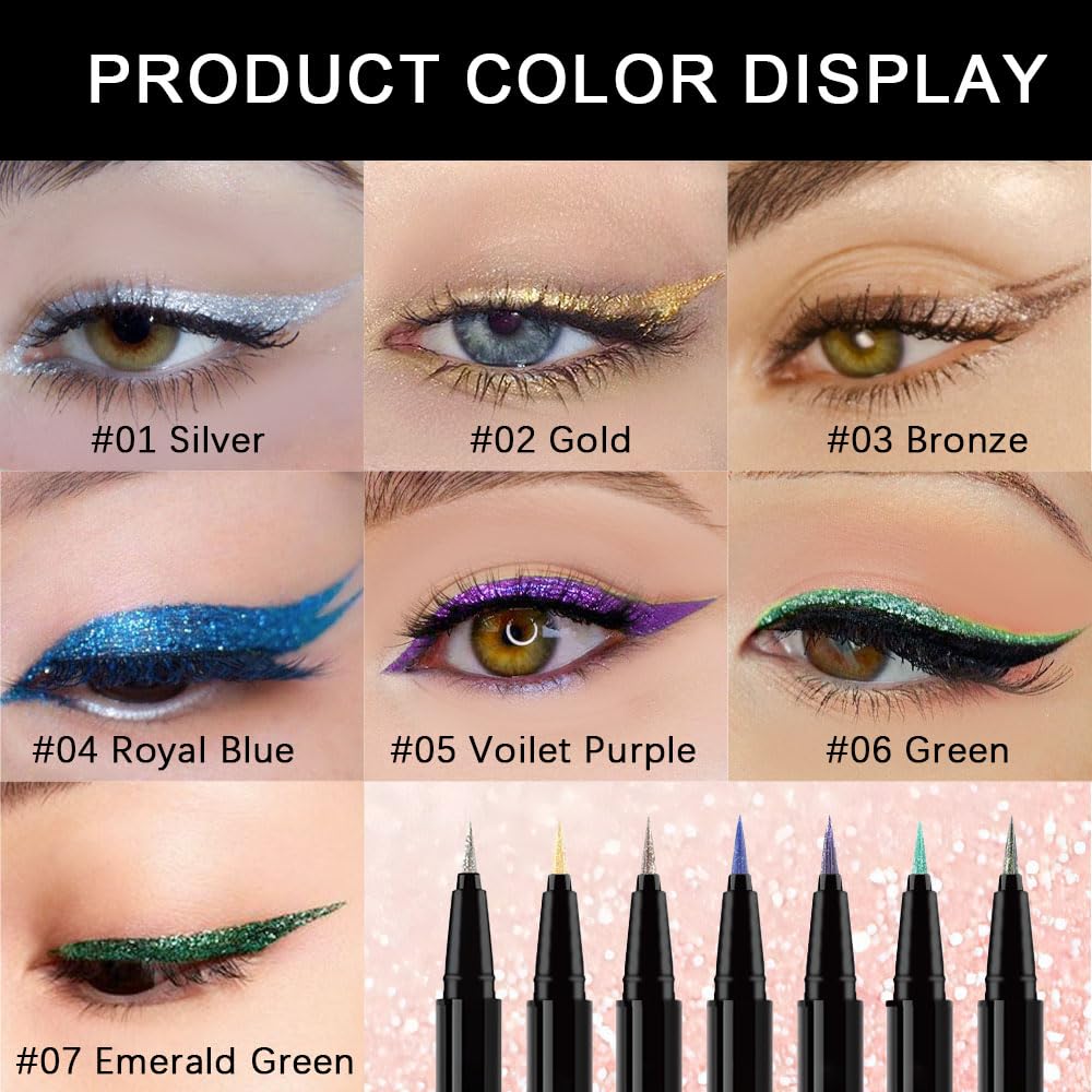 Dark Blue Metallic Glitter Liquid Eyeliner Pen – Long-Lasting Sparkly Waterproof Eyeliner for Women & Men – Tattoo-Effect Eye Makeup for Parties – Delineador Líquido con Brillo 04