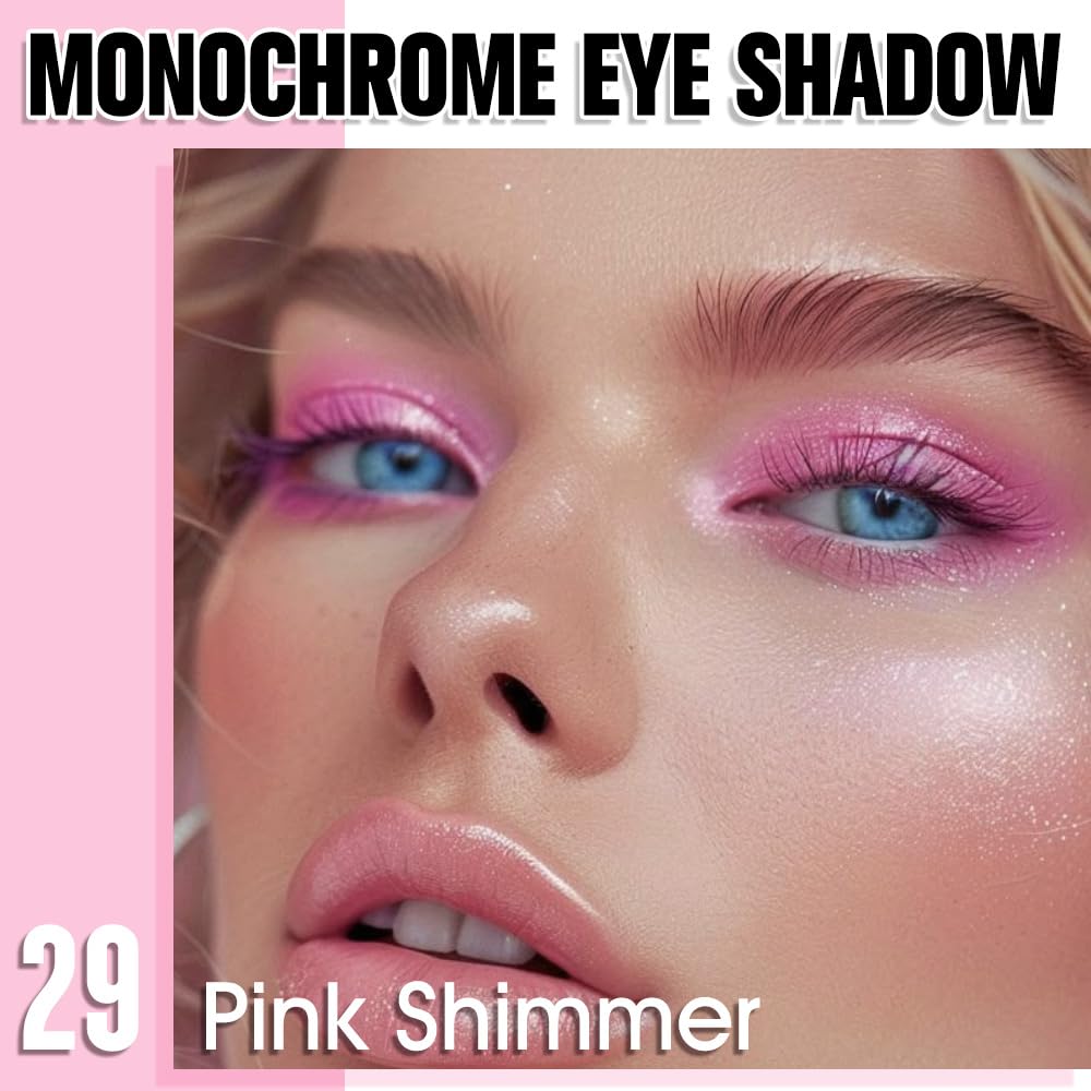 Pink Single Shimmer Eyeshadow Makeup, Neutral Powde Eye Shadow for Women, Bright Light Pink Rose Glitter Sparkle Singles Eyeshadow Palette Pigmented Waterproof, Girls Monochrome Eyeshadows Gift