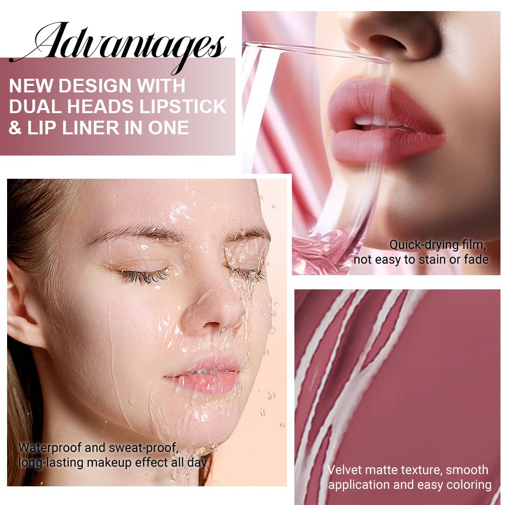 evpct 1Pcs Red Brown Matte Lip Liner & Liquid Lipstick Stain Makeup Set for Women, Red Brown Lip Liner Stain Long Lasting Waterproof Smudge Proof, Cruelty Free Lip Stick Makeup 24 hours originales, 57