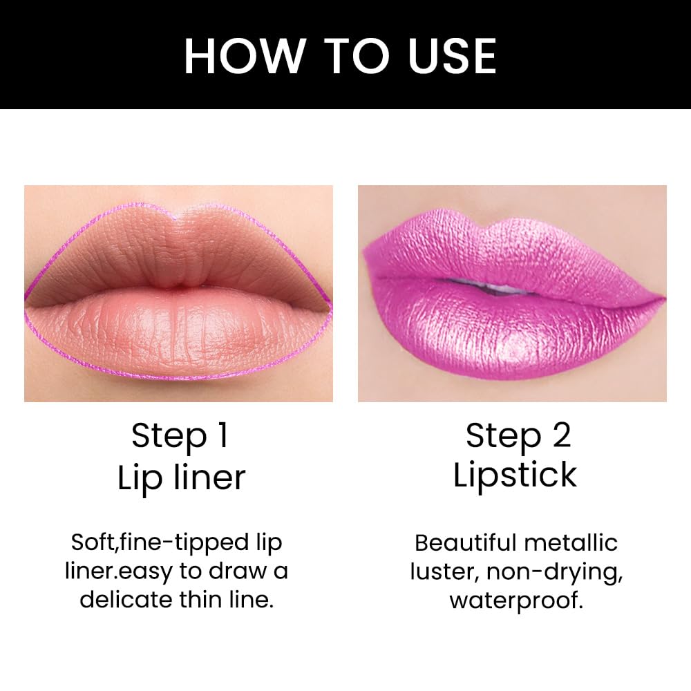 evpct 1Pcs Pink Metallic Shine Shimmer Lip Liner and Lipstick Combo Set Kit for Women, Lightweight Hydrating Formula High Impact Full Coverage Lipstick and Lip Liner Makeup Stains Gloss, 19#
