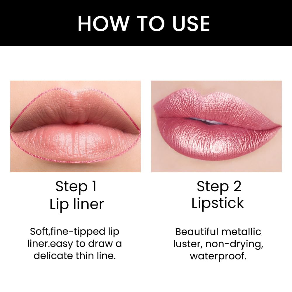 evpct 1Pcs Natural Pink Metallic Shine Shimmer Lip Liner and Lipstick Combo Set Kit for Women, Lightweight Hydrating Formula High Impact Full Coverage Lipstick and Lip Liner Makeup Gloss, 20#