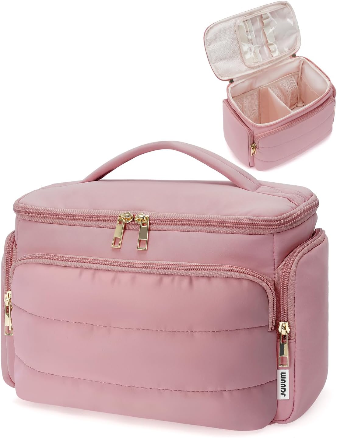 WANDF Travel Toiletry Bag for Women, Wide-open Large Makeup Bag with Handle, Puffy Makeup Organizer for Toiletries, Cosmetics, Accessories, Essentials (Dusty Pink)
