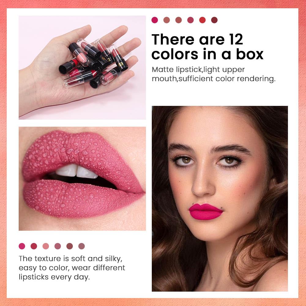evpct 12Pcs Mini Pills Lipstick Capsule Set for Women Waterproof Long Lasting, Dark Ruby Plum Rose Red Nude Pink Mauve Taupe Brown Matte Small Magic Permanent 24 Hour Lipstick Bulk Samples 01