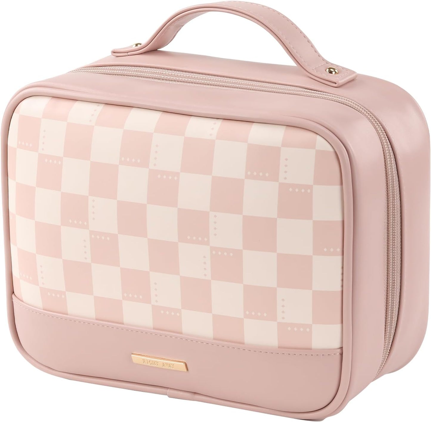 RIGHT AWAY Travel Toiletry Bag for Women, Waterproof Makeup Bag&Case, Portable Cosmetic Organizer Checkered Make up Bag for Full Sized Toiletries，Cosmetics and Travel-Size Accessories,Pink Checkered