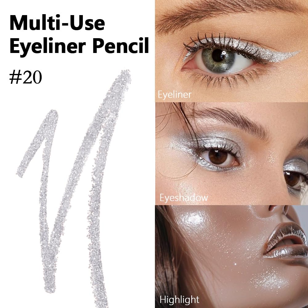 Kaely Gel Eyeliner Pencil for Women, Silver Eye Liner Waterproof Smudge Proof with Sharpener, Waterline Eye Makeup Liners, delineador de ojos contra el agua, Vegan & Cruelty-Free, 20