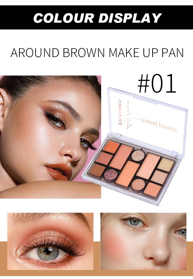 12 Colors Nude Eyeshadow Palette Travel Size Makeup, Matte Shimmer Eye Makeup, Naturing-Looking, High Pigmented Blush Eyebrow Kits, Big Artist Neutral Makeup Palette for Face Cosmetics (01)