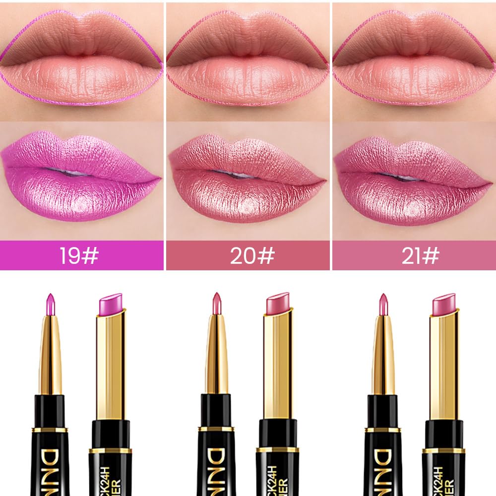 evpct 3Pcs Nude Pink Rose Red Metallic Shine Shimmer Lip Liner and Lipstick Combo Set Kit for Women, Lightweight Hydrating Formula High Impact Full Coverage Lipstick and Lip Liner Makeup Gloss