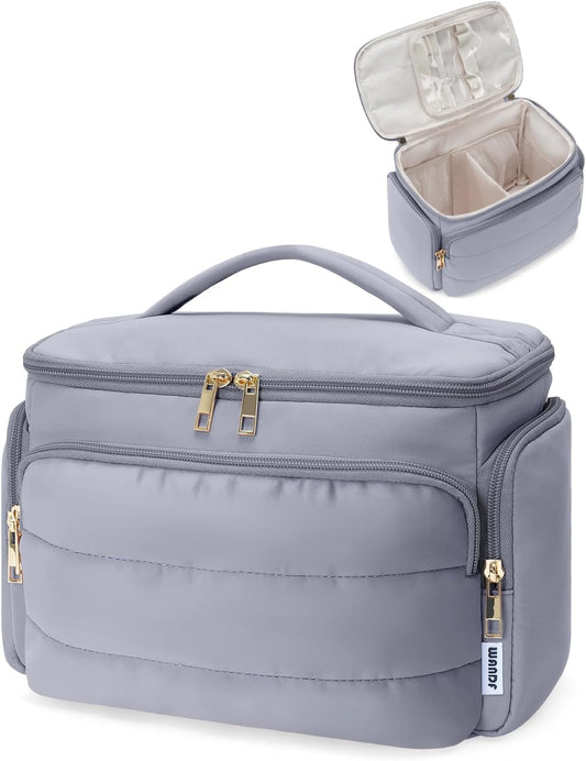 WANDF Travel Toiletry Bag for Women, Wide-open Large Makeup Bag with Handle, Puffy Makeup Organizer for Toiletries, Cosmetics, Accessories, Essentials (Slate Blue)