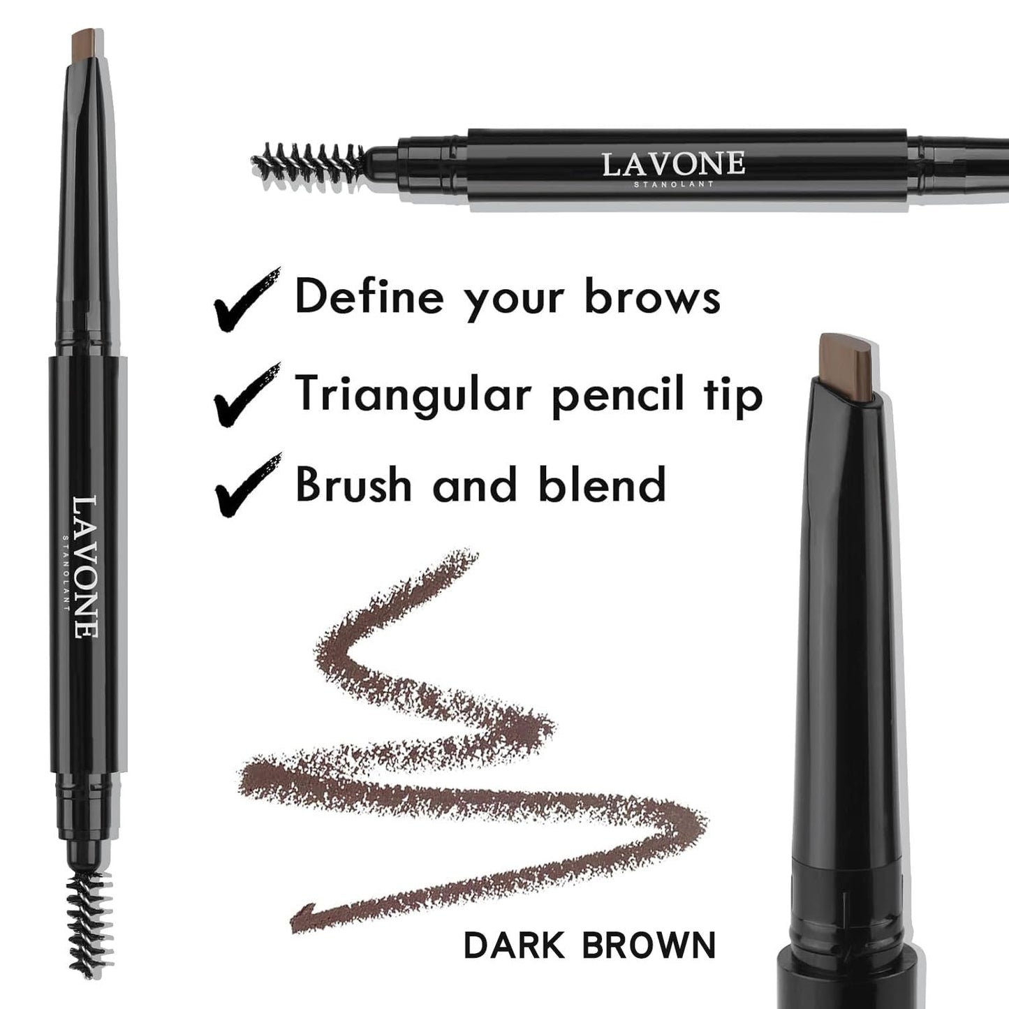 LAVONE Eyebrow Stamp Pencil Kit for Eyebrows, Makeup Brow Stamp Trio Kit with Waterproof Eyebrow Pencil, Eyeliner, Eyebrow Pomade, and Dual-ended Eyebrow Brush - Ebony