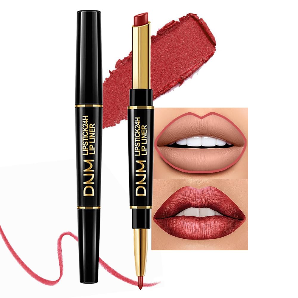 Kaely 2-in-1 Mauve Red Metallic Lip Liner & Lipstick Set Kit for Women, Lips Kit with Lip Liner Lip Stains Long Lasting Waterproof 24 Hour Lipstick and Lip Liners Combo Lipliners Pencil Set 08